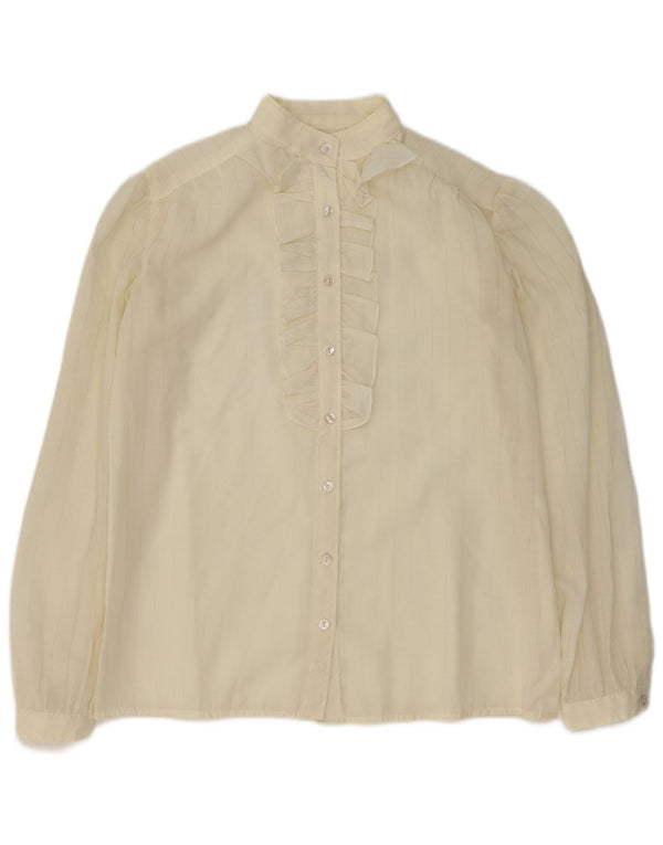 VINTAGE Ženska košulja s volanima sprijeda UK 16 Velika sivobijela prugasta