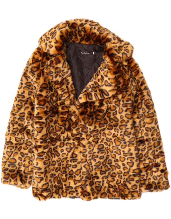 VINTAGE ženska jakna od umjetnog krzna UK 10 Mali smeđi poliester s printom životinja