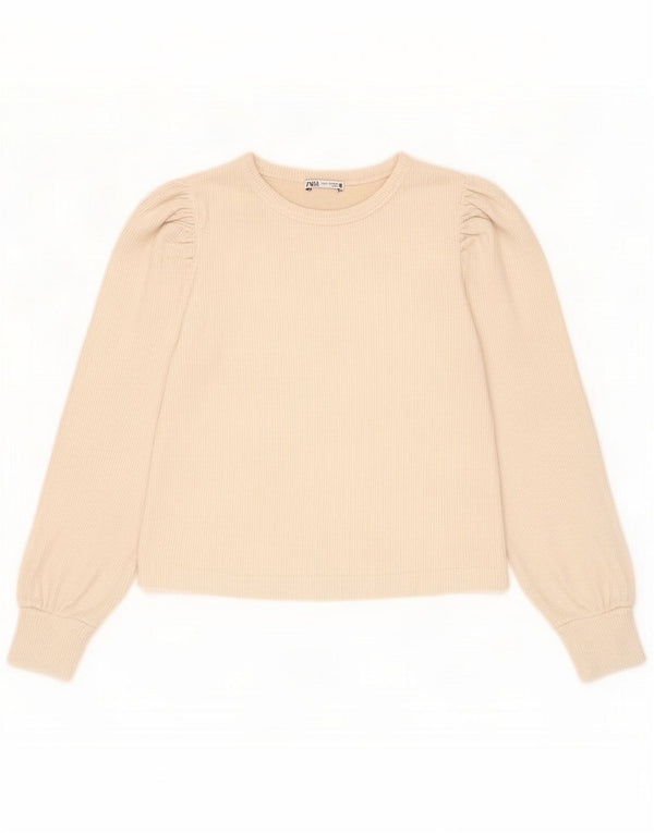 Zara Womens Crop Top Long Sleeve UK 10 Small Beige Cotton