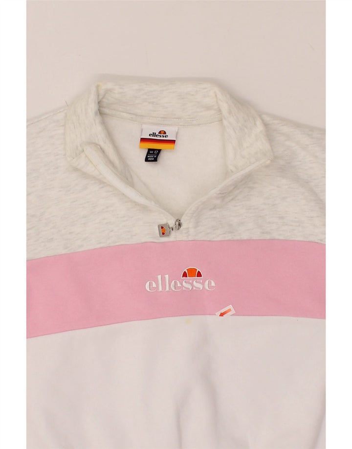ELLESSE Womens Graphic Zip Neck Sweatshirt Jumper UK 12 Medium White Vintage Ellesse and Second-Hand Ellesse from Messina Hembry 
