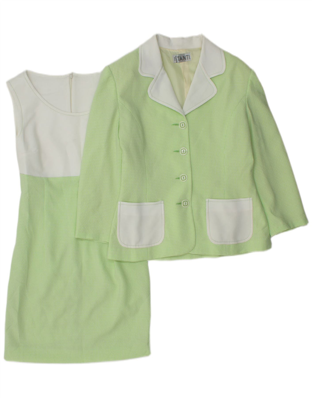 VINTAGE Womens 3/4 Sleeve 4 Button 2 Piece Set IT 42 Medium Green Gingham