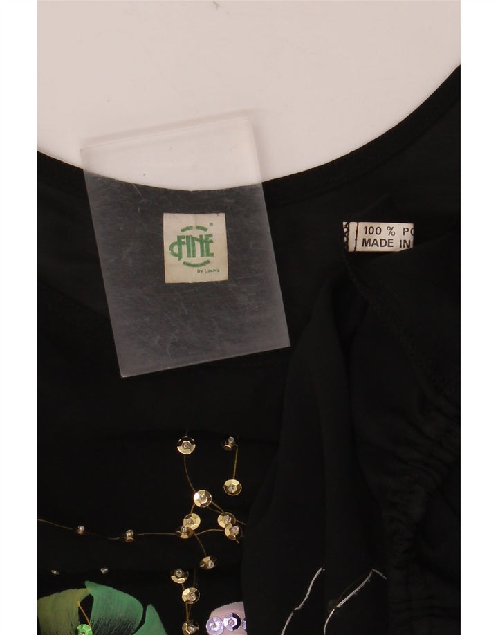 VINTAGE ženska kratka bluza s krilima šišmiša UK 18 XL crni cvjetni poliester