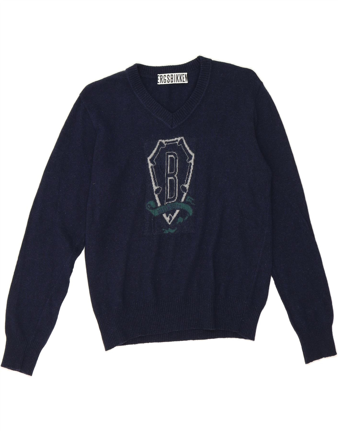 VINTAGE Womens Graphic V-Neck Jumper Sweater IT 42 Medium Navy Blue Wool Vintage Vintage and Second-Hand Vintage from Messina Hembry 