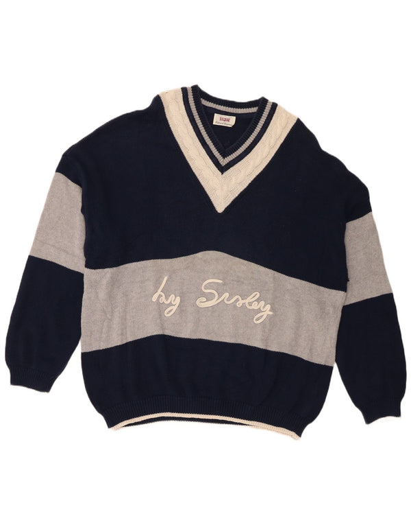 Sisley muški džemper s V-izrezom XL tamnoplavi pamuk u blokovima boja