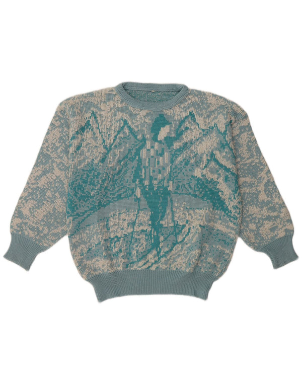 Vintage ženski džemper s okruglim izrezom s apstraktnim uzorkom UK 16 Veliki plavi