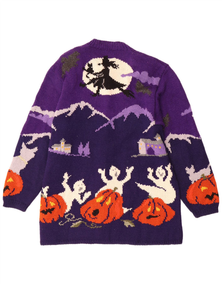 VINTAGE Ženski grafički kardigan džemper UK 20 2XL Ljubičasta vuna