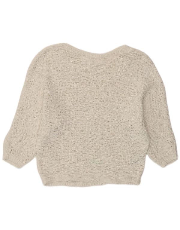 Vintage kratki ženski džemper s 3/4 rukavima s veznim izrezom UK 14 Veliki bijeli