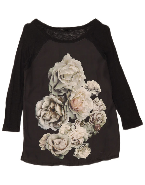 Zara Womens Graphic Top 3/4 Sleeve UK 12 Medium Black Floral
