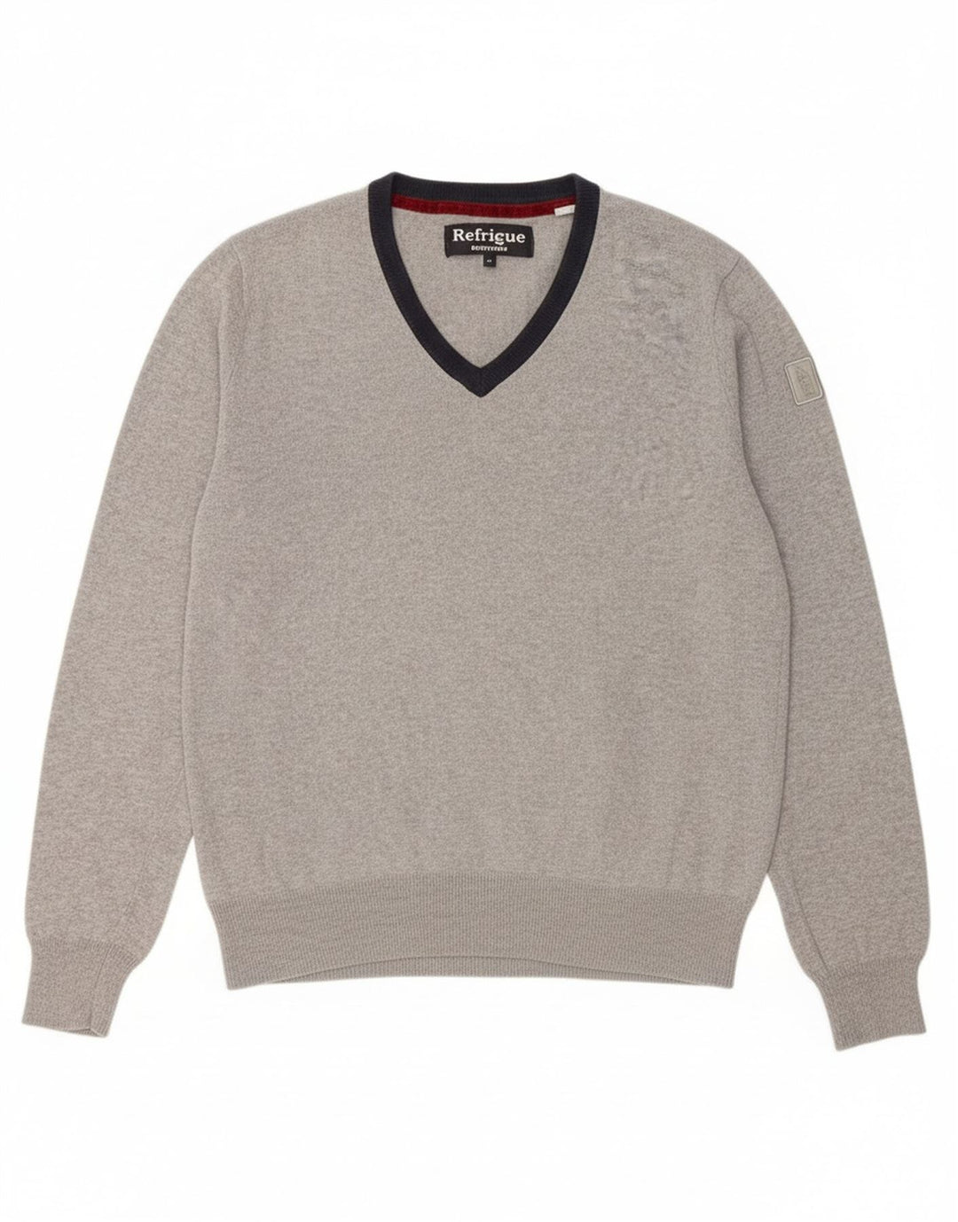REFRIGUE Mens V-Neck Jumper Sweater Medium Grey Colourblock Cotton