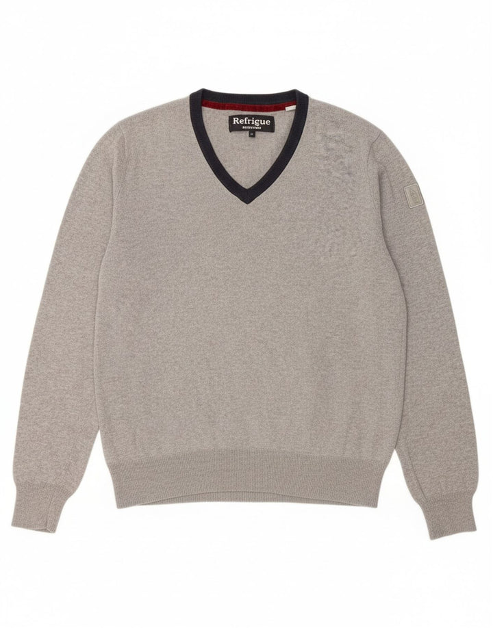 REFRIGUE Mens V-Neck Jumper Sweater Medium Grey Colourblock Cotton