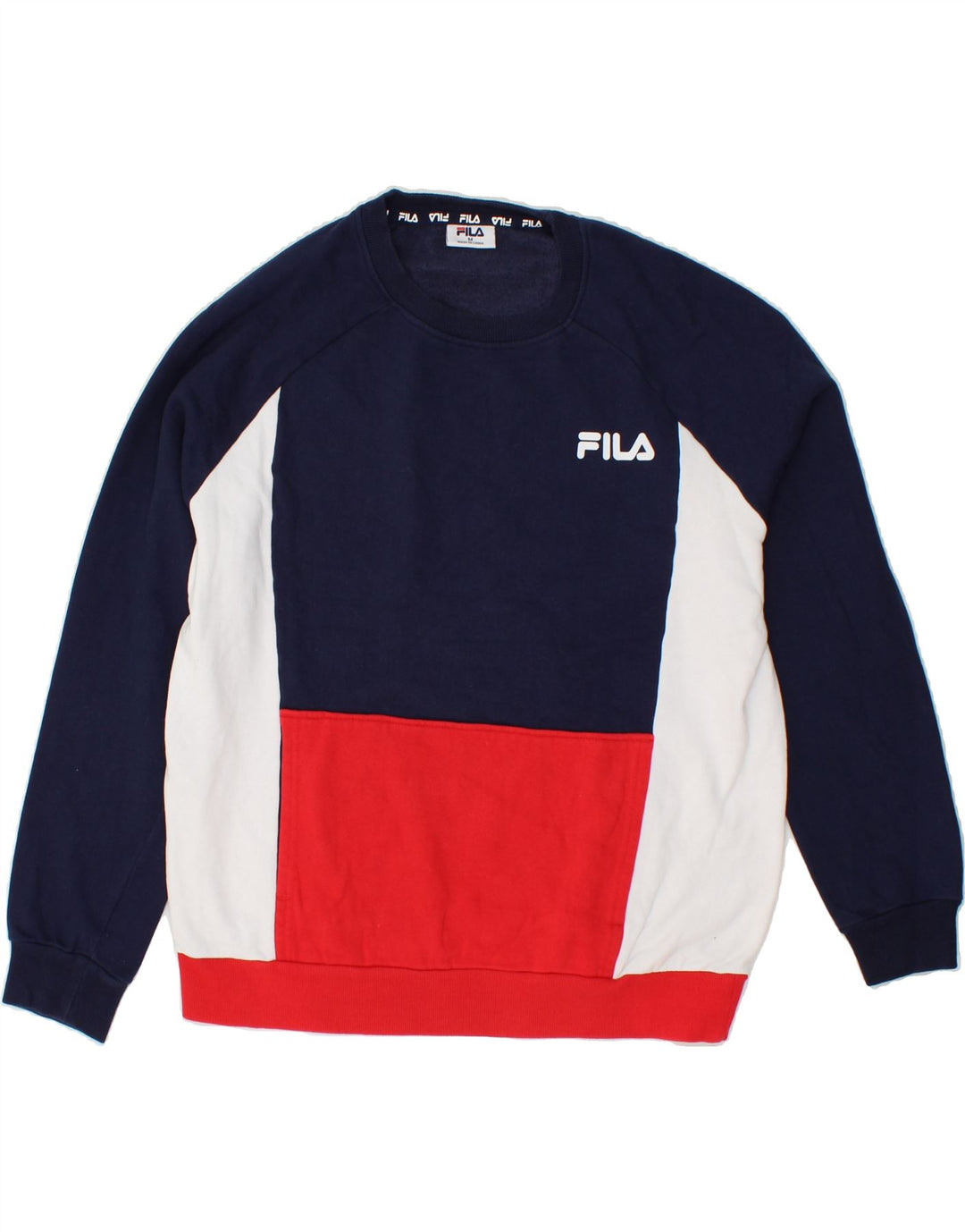FILA Womens Oversized Sweatshirt Jumper UK 14 Medium Navy Blue Colourblock Vintage Fila and Second-Hand Fila from Messina Hembry 