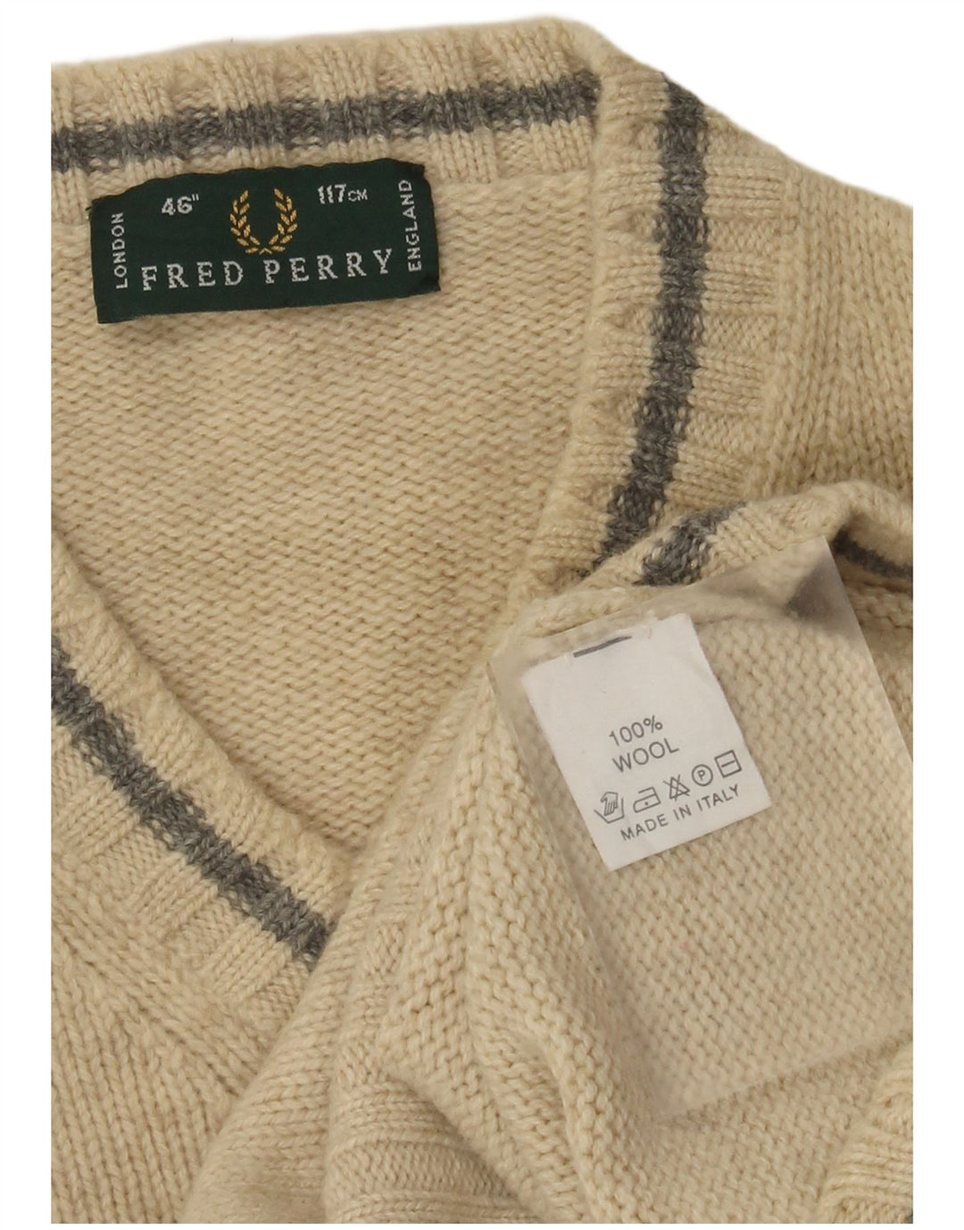 Veliki bež vuneni muški džemper s V-izrezom Fred Perry