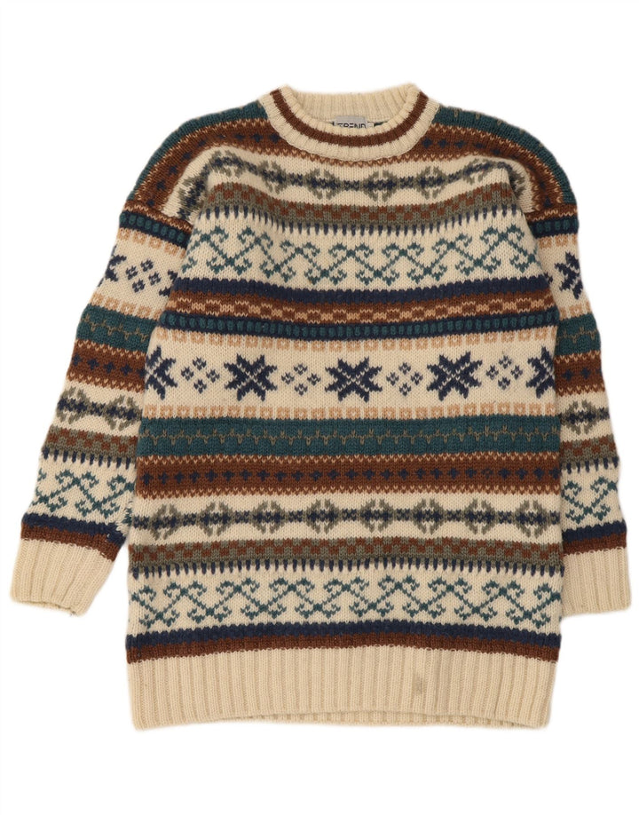 Vintage muški džemper s okruglim izrezom srednje bež boje Fair Isle vune