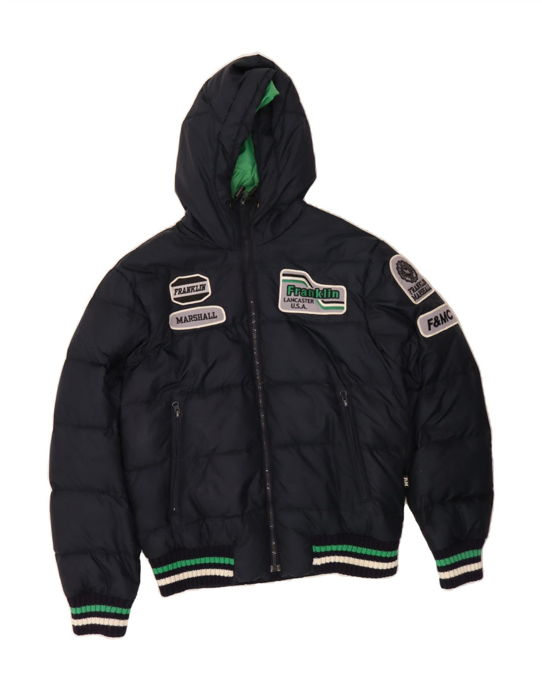 FRANKLIN & MARSHALL Mens Graphic Padded Jacket UK 36 Small Navy Blue Vintage Franklin & Marshall and Second-Hand Franklin & Marshall from Messina Hembry 
