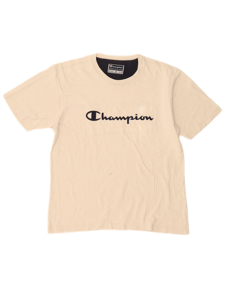 CHAMPION Mens Graphic T-Shirt Top Small Off White Cotton