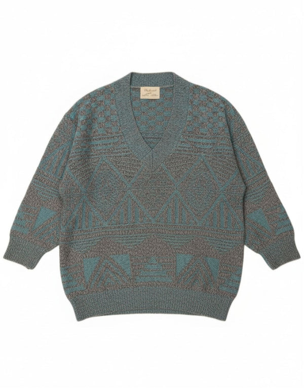 Vintage muški džemper s V-izrezom IT 46/48 Mali sivi geometrijski pamuk