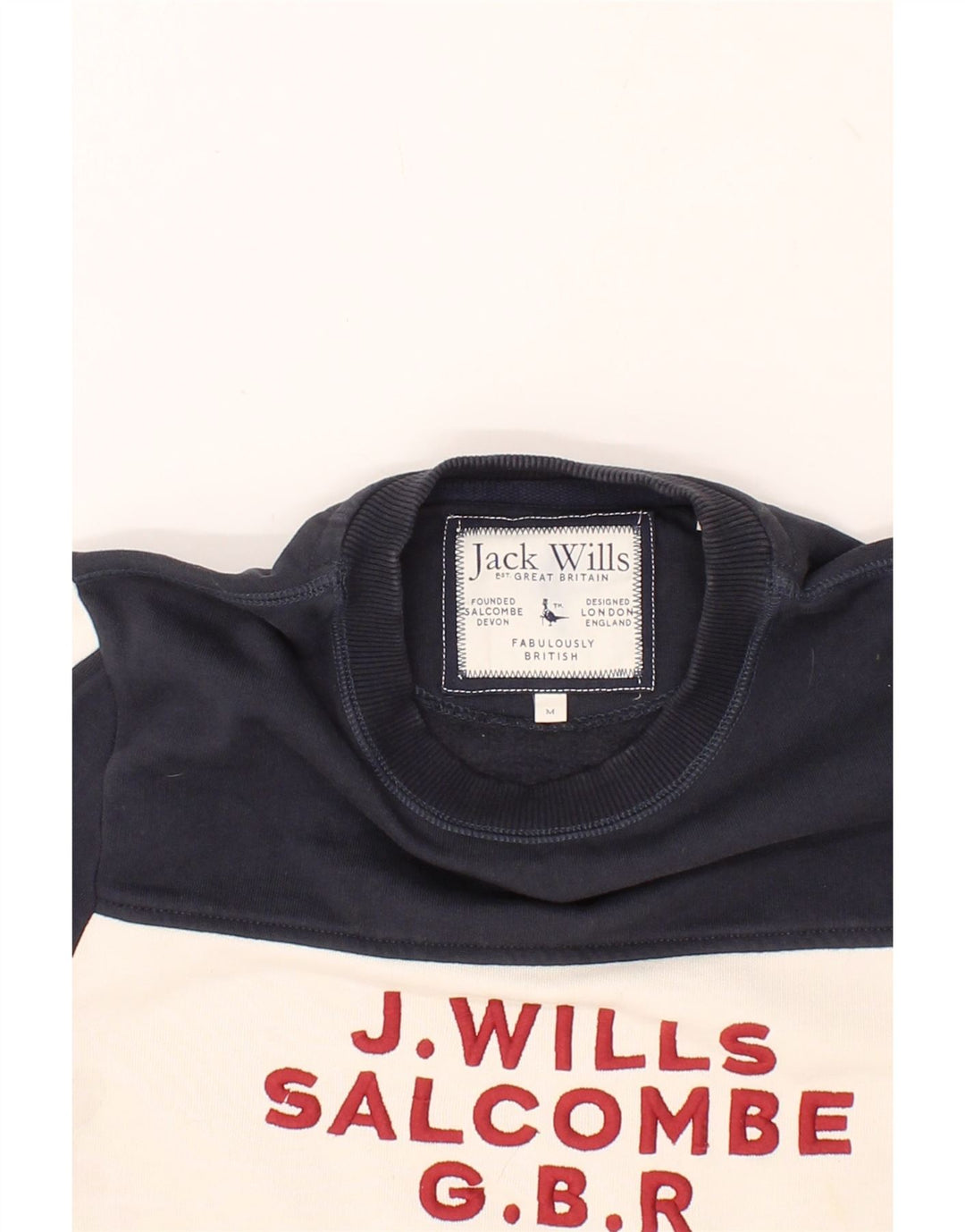 JACK WILLS Mens Graphic Sweatshirt Jumper Medium Navy Blue Colourblock Vintage Jack Wills and Second-Hand Jack Wills from Messina Hembry 
