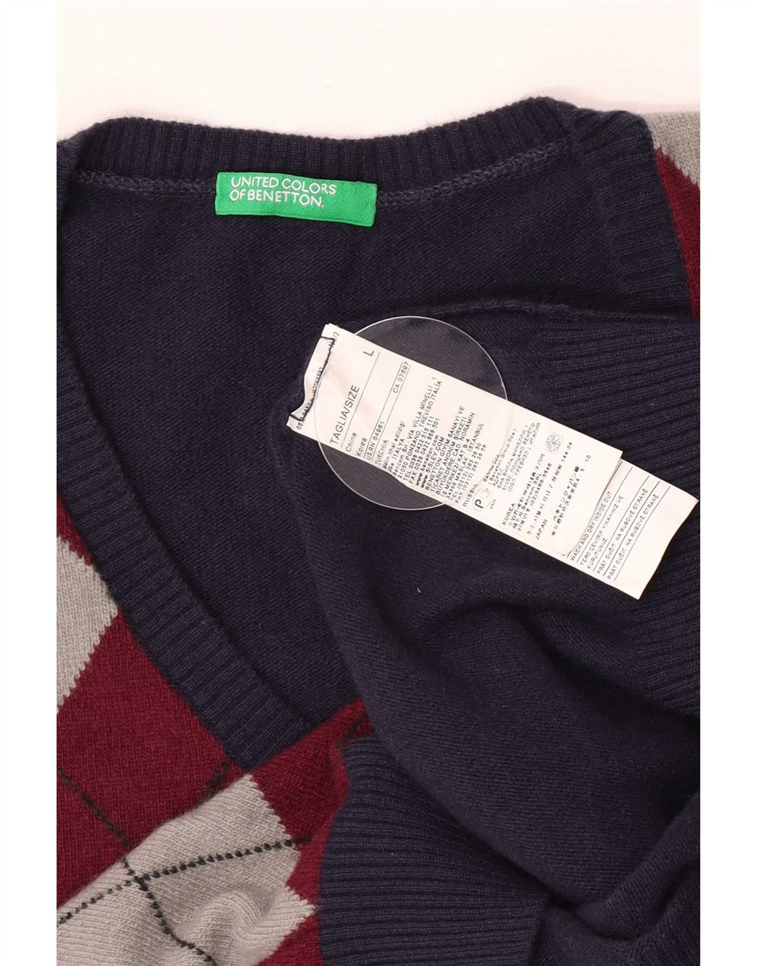 Benetton muški džemper s V-izrezom Veliki tamnoplavi Argyle/Diamond Wool