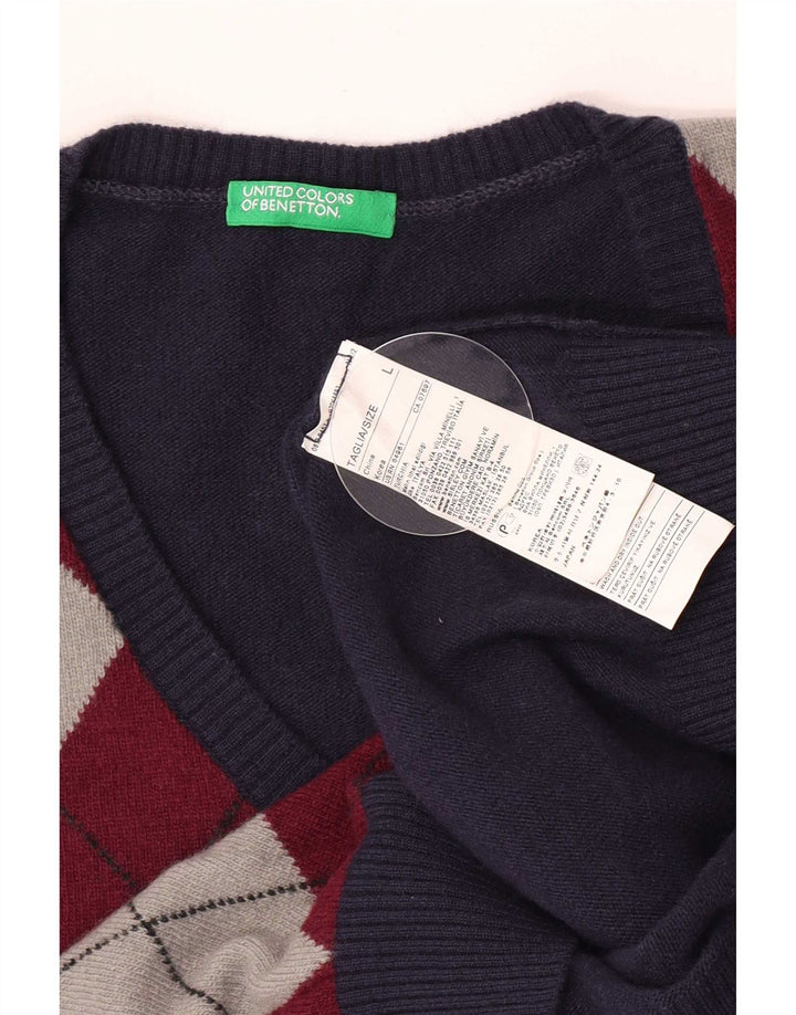 Benetton muški džemper s V-izrezom Veliki tamnoplavi Argyle/Diamond Wool