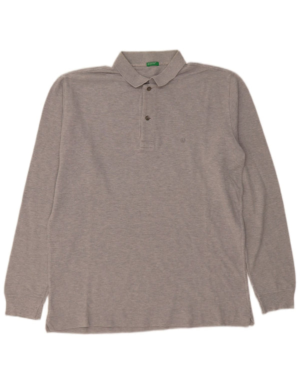 BENETTON Mens Long Sleeve Polo Shirt Medium Grey Flecked