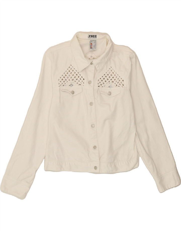 VINTAGE Womens Denim Jacket UK 12 Medium White Vintage Vintage and Second-Hand Vintage from Messina Hembry 