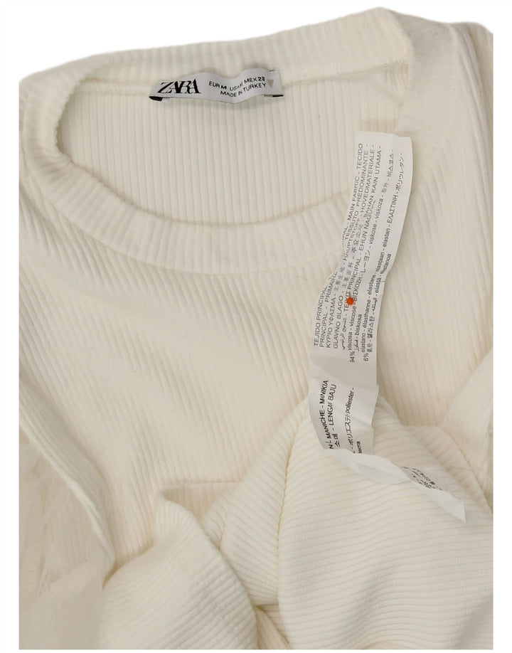 ZARA Womens Stretch Crop Long Sleeve Blouse Top UK 12 Medium White Viscose