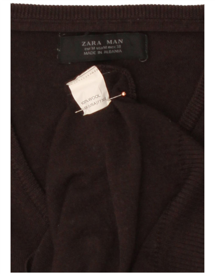 ZARA Mens V-Neck Jumper Sweater Medium Brown Wool