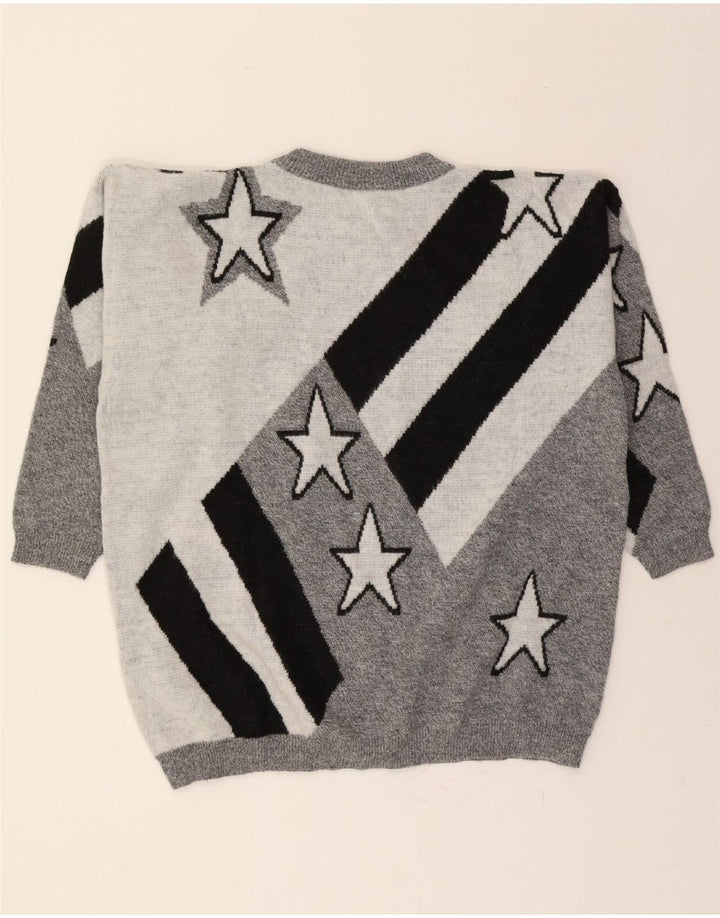 VINTAGE Womens Oversized Crew Neck Jumper Sweater EU 42 Large Grey Striped Vintage Vintage and Second-Hand Vintage from Messina Hembry 