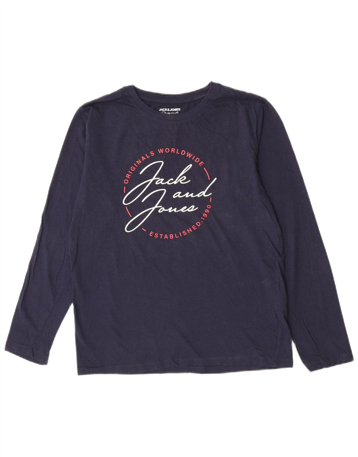 Jack & Jones muška majica dugih rukava s grafikama, mala tamnoplava pamuk