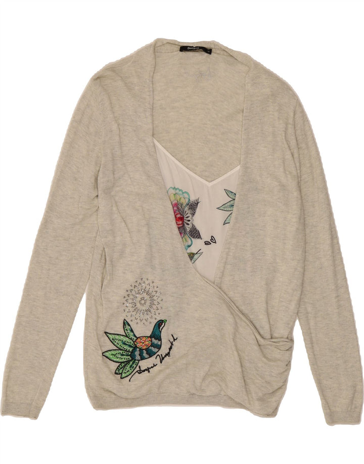 DESIGUAL Womens Graphic V-Neck Jumper Sweater UK 12 Medium Grey Polyamide Vintage Desigual and Second-Hand Desigual from Messina Hembry 
