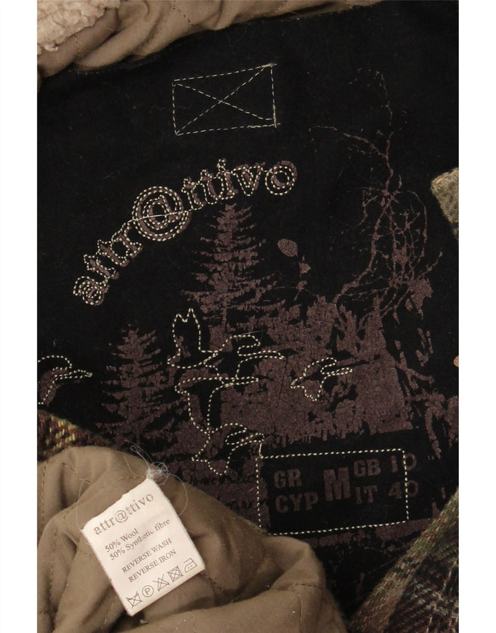 Vintage ženski preveliki duffle kaput s kapuljačom UK 10 Mala kaki karirana vuna