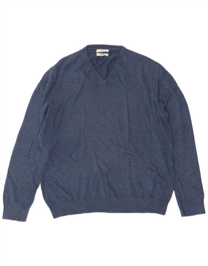 MARKS & SPENCER Mens V-Neck Jumper Sweater 2XL Blue Cotton