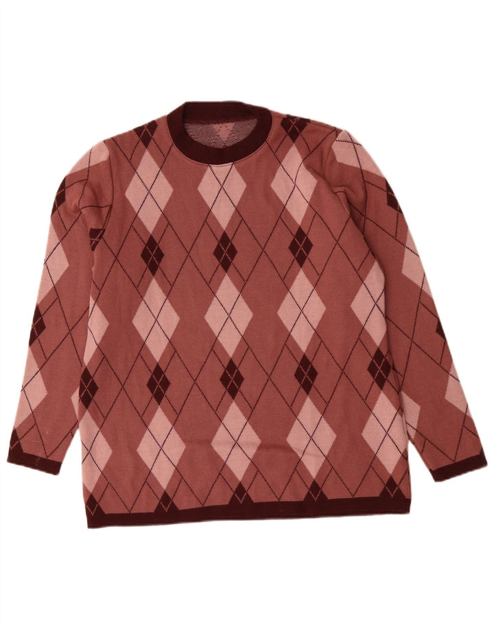 VINTAGE ženski džemper s okruglim izrezom UK 16 Veliki ružičasti Argyle/Diamond