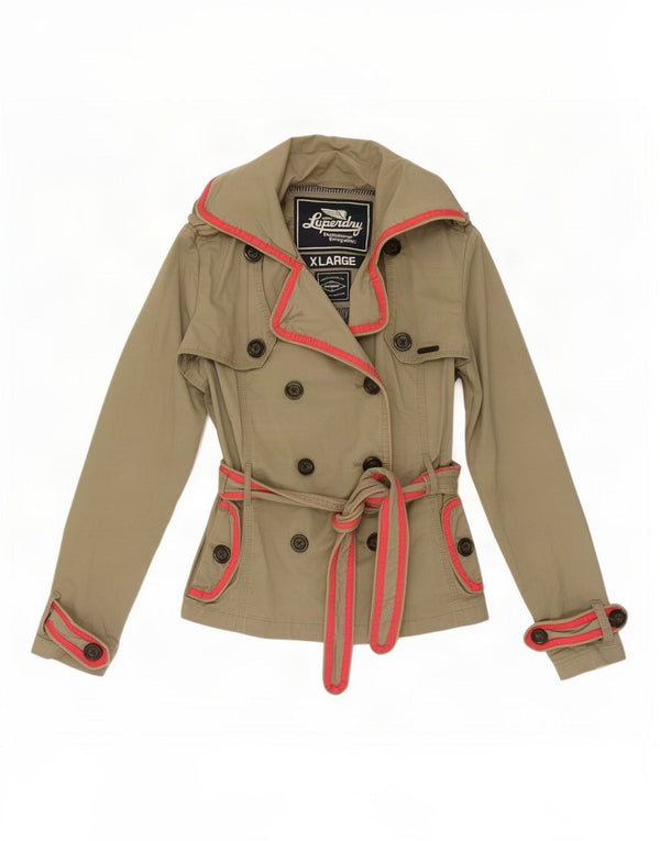 Superdry Womens Short Trench Coat UK 18 XL Khaki Cotton