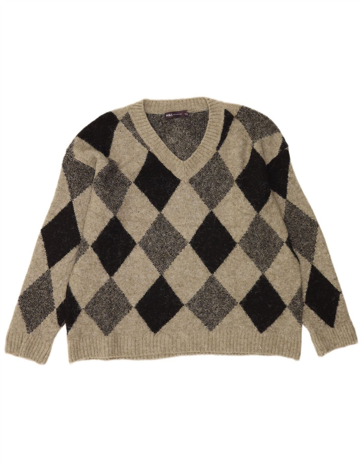 Marks & Spencer muški džemper s V-izrezom Srednji kaki Argyle/Diamond