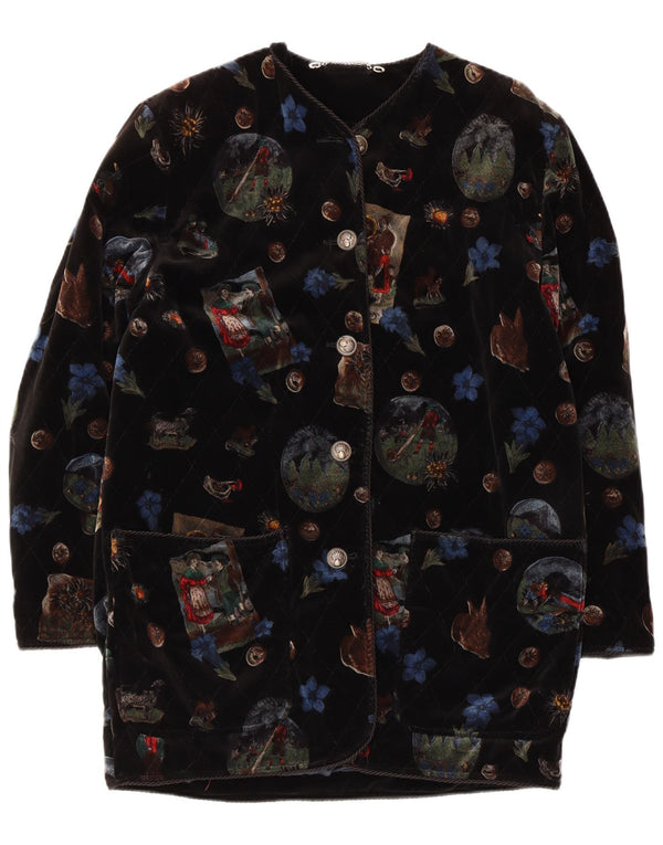 Vintage ženski grafički baršunasti kaput UK 12 srednje crne cvjetne boje