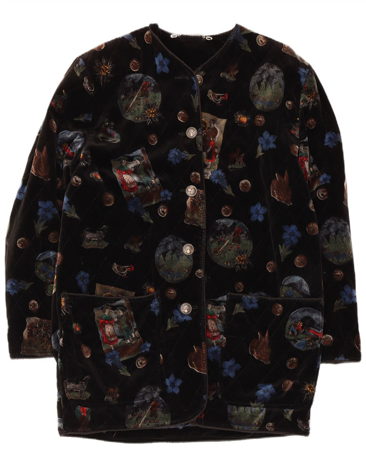 Vintage ženski grafički baršunasti kaput UK 12 srednje crne cvjetne boje