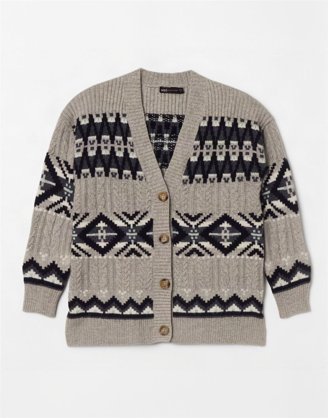 Marks & Spencer ženski kardigan pulover UK 14 srednje sivi Fair Isle