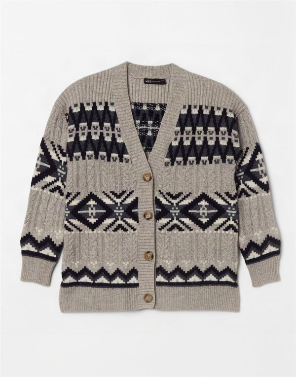 Marks & Spencer ženski kardigan pulover UK 14 srednje sivi Fair Isle
