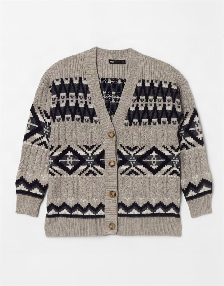 Marks & Spencer ženski kardigan pulover UK 14 srednje sivi Fair Isle