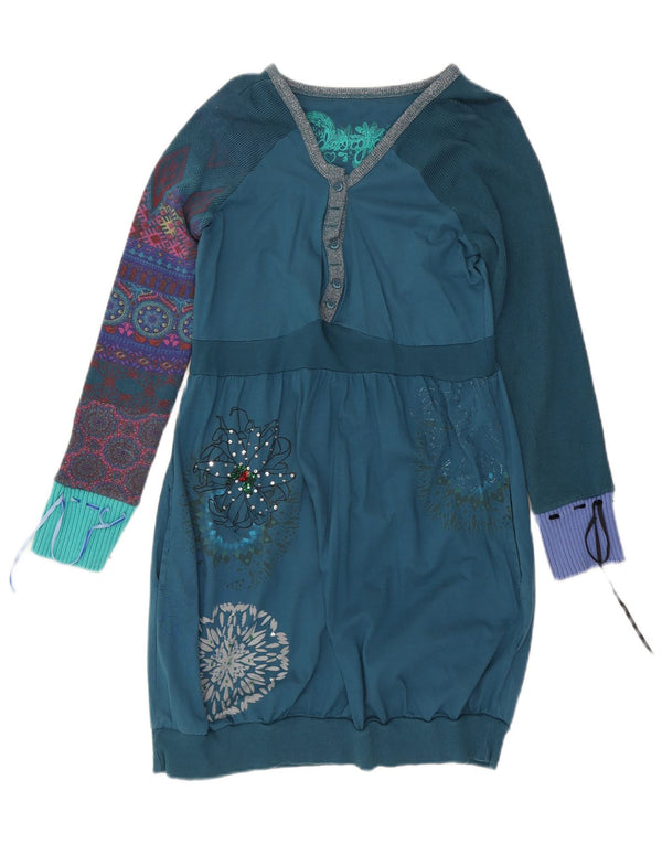 Desigual ženska džemper haljina dugih rukava s grafičkim motivima UK 20 2XL Plava cvjetna