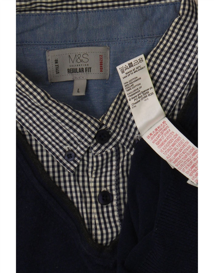 MARKS & SPENCER Muški džemper s V-izrezom, veliki tamnoplavi karirani