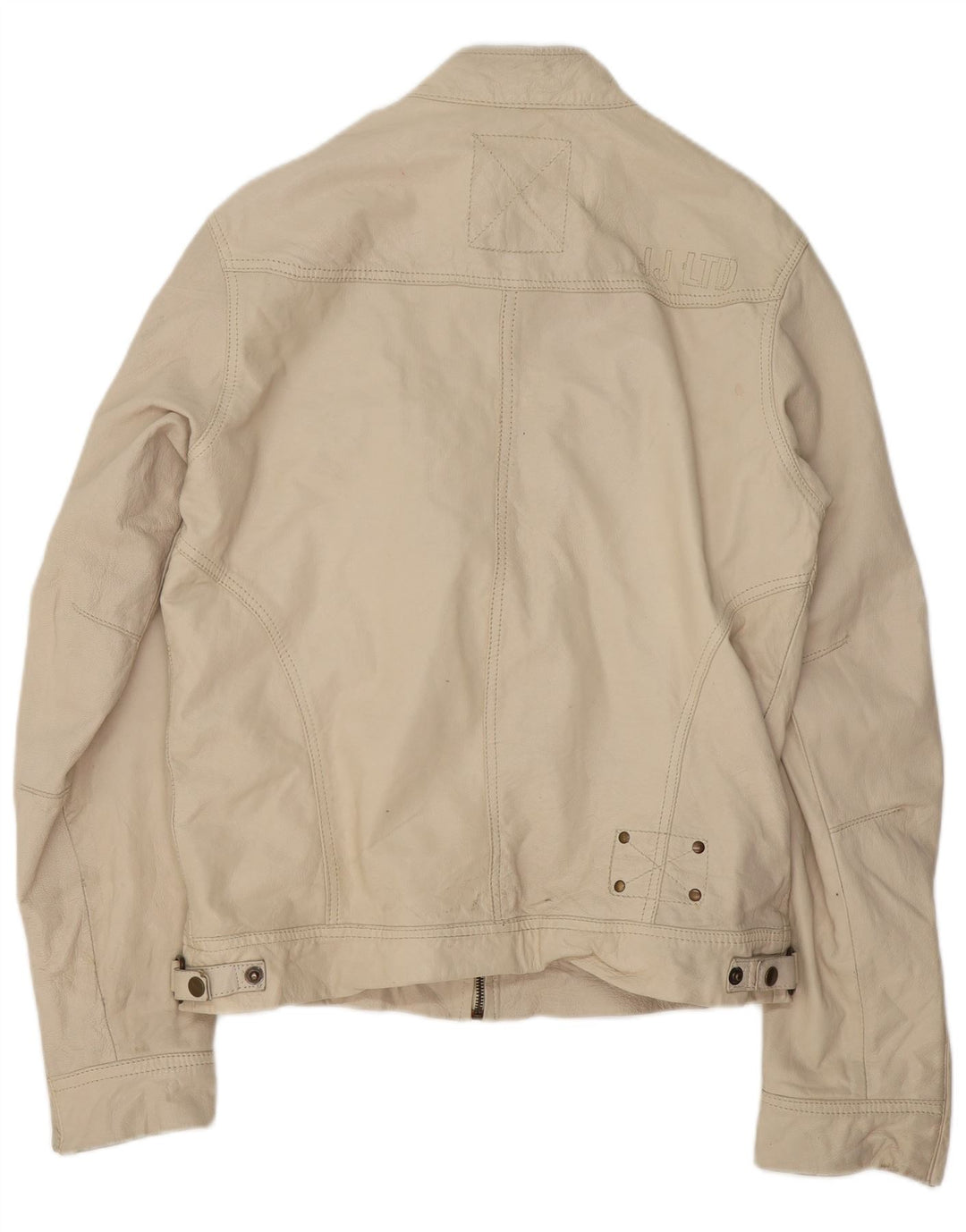 JACK & JONES Mens Leather Biker Jacket UK 40 Large Beige Leather