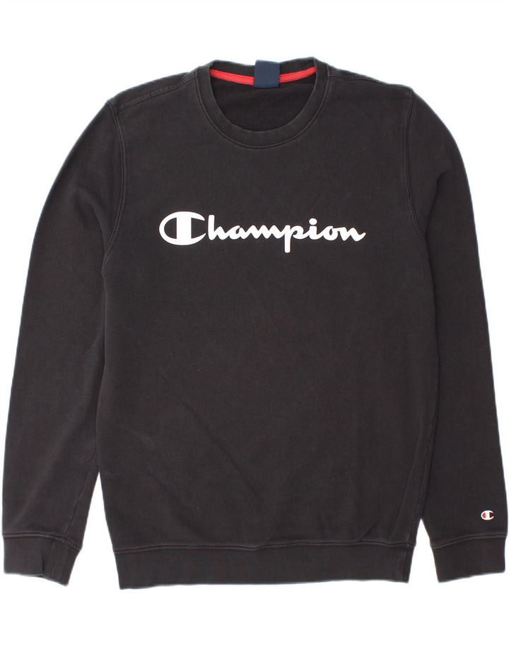CHAMPION Mens Graphic Sweatshirt Jumper Medium Black Cotton Vintage Champion and Second-Hand Champion from Messina Hembry 