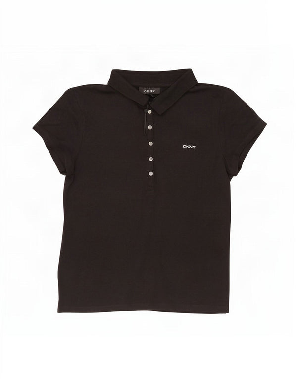 Dkny Womens Graphic Polo Shirt UK 16 Large Black Cotton