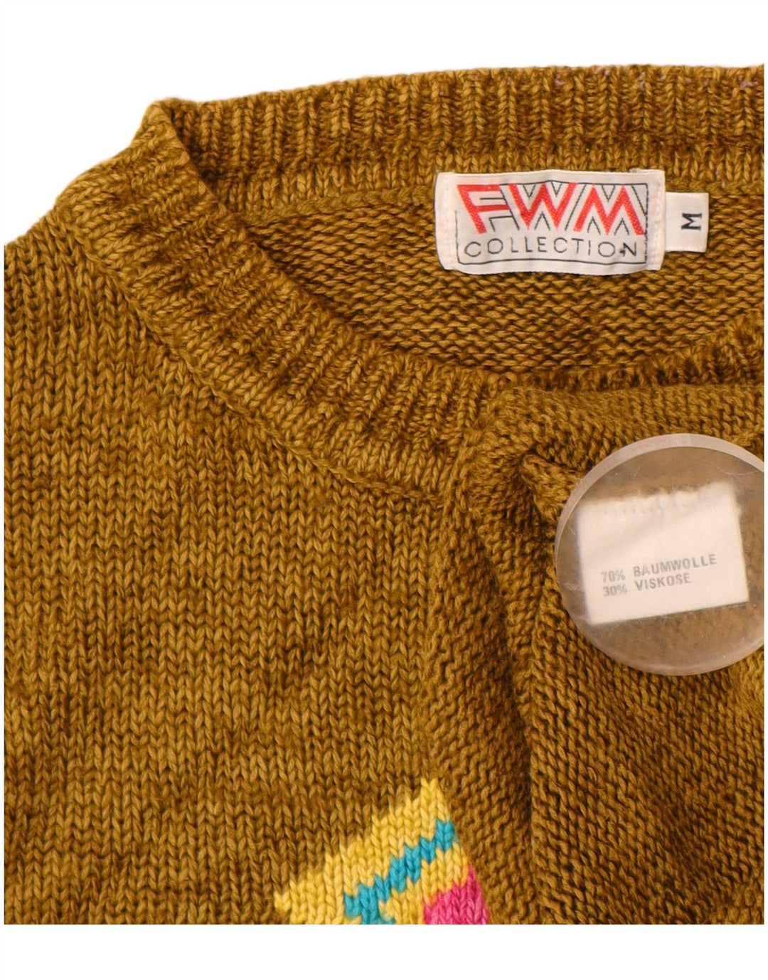 VINTAGE ženski džemper s okruglim izrezom UK 14 Srednji kaki Argyle/Diamond