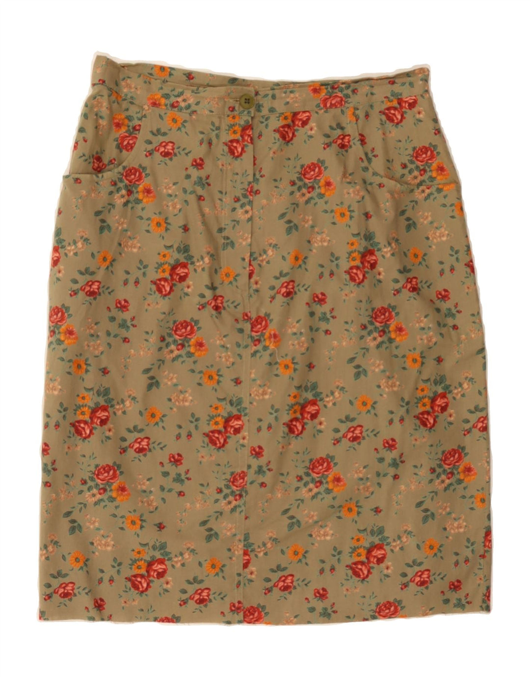 VINTAGE Womens A-Line Skirt W28 Medium Khaki Floral Vintage Vintage and Second-Hand Vintage from Messina Hembry 