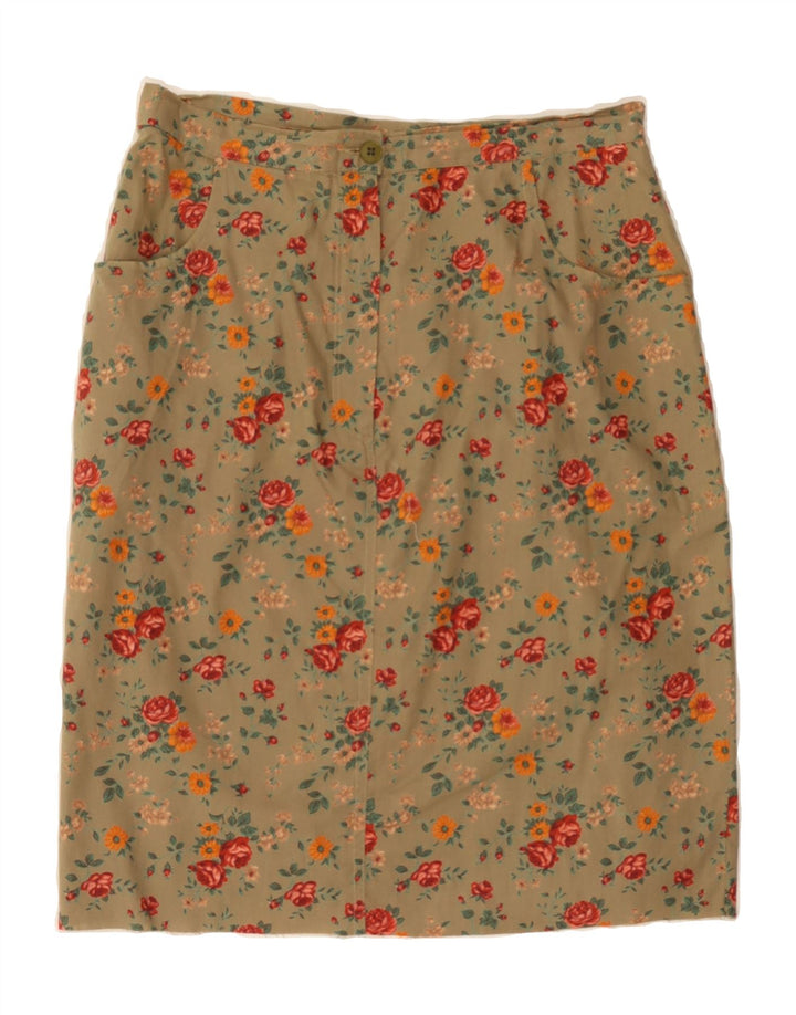 VINTAGE Womens A-Line Skirt W28 Medium Khaki Floral Vintage Vintage and Second-Hand Vintage from Messina Hembry 