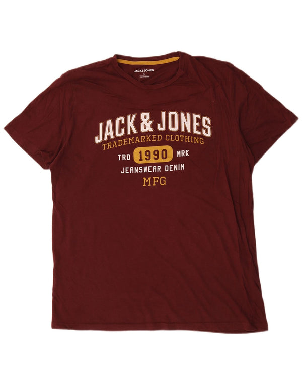 Jack & Jones Mens Graphic T-Shirt Top XL Burgundy Cotton