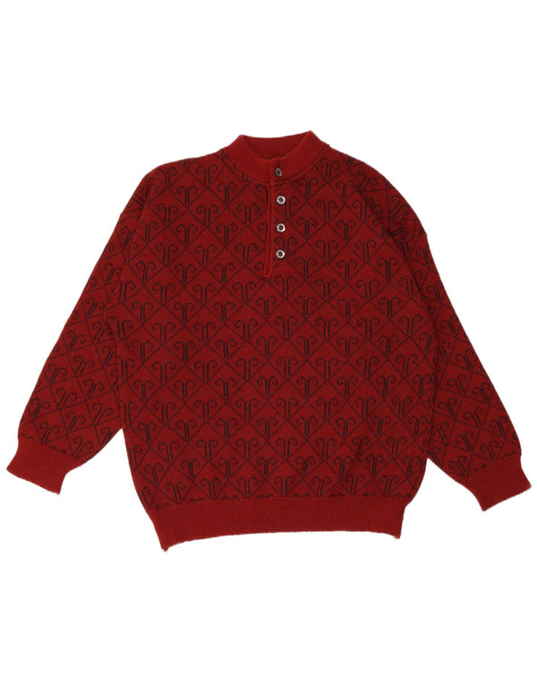 VINTAGE muški džemper s dugmadima i ovratnikom Srednje crveni Argyle/Dijamantna vuna